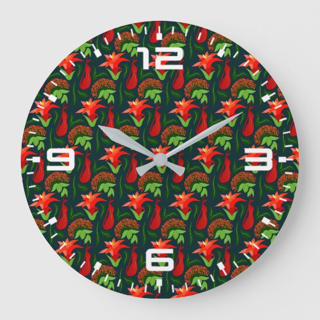 Colourful Exotic Flowers Leaves Pattern Large Clock (Front)
