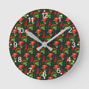 Colourful Exotic Flowers Leaves Pattern Round Clock