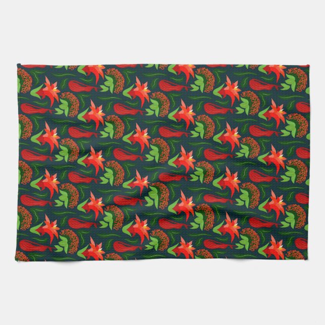 Colourful Exotic Flowers Leaves Pattern Tea Towel (Horizontal)