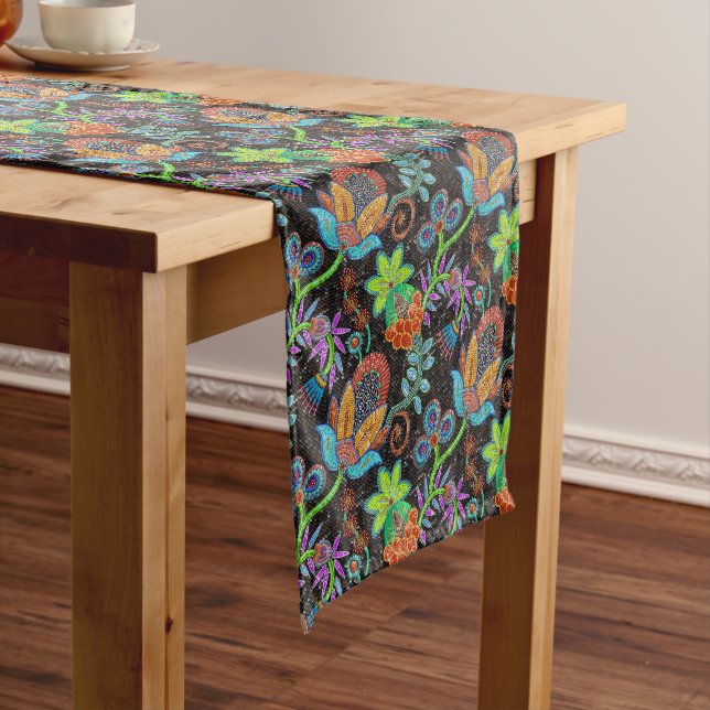 Colourful exotic flowers pattern, glass beads look medium table runner (In Situ)