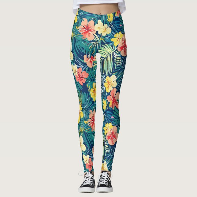Colourful Exotic Flowers Pattern Leggings (Front)
