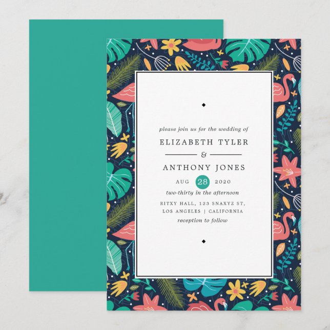 Colourful Exotic Tropical Flamingo Wedding Invitation (Front/Back)