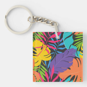 Colourful Exotic Tropical Leaves Pattern Key Ring