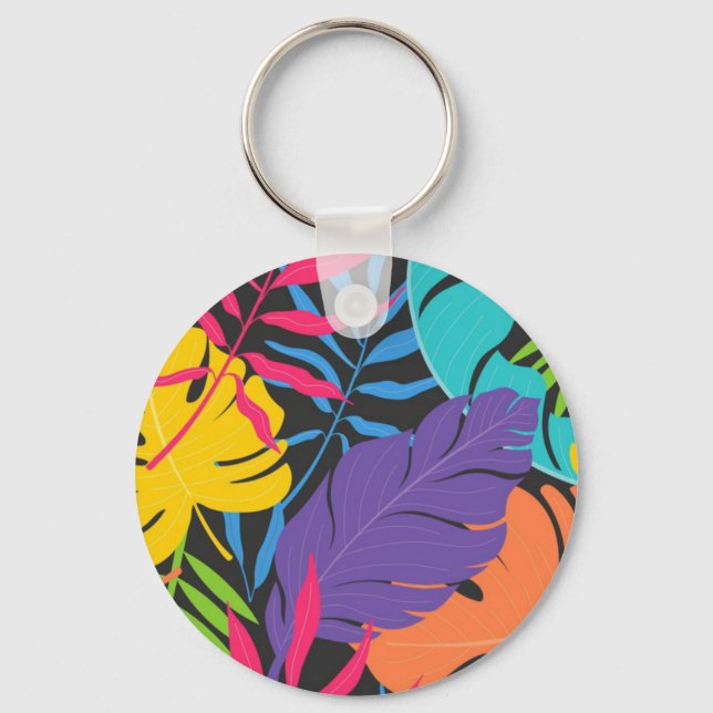 Colourful Exotic Tropical Leaves Pattern Key Ring (Front)