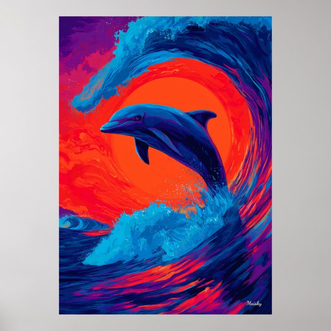 Colourful Expressionist Dolphin Wave Wall Art (Front)