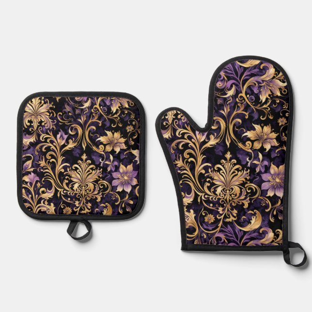 Colourful,Extravagant,Purple and Gold  Oven Mitt & Pot Holder Set (Front)