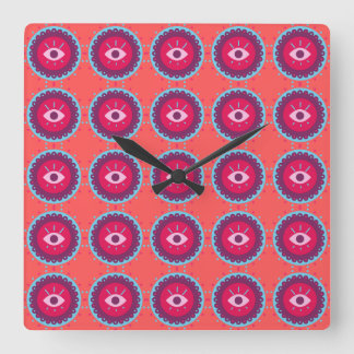 Colourful Eye Pattern on Red Background Square Wall Clock