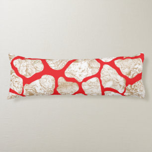 Colourful fabric design featuring a red and gold p body cushion