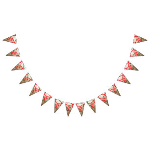 Colourful fabric design featuring a red and gold p bunting 