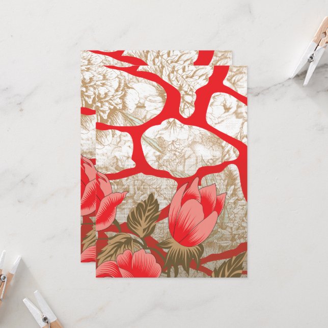 Colourful fabric design featuring a red and gold p invitation (Front/Back In Situ)