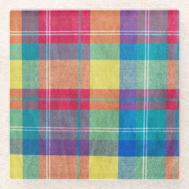 Colourful fabric plaid, cloth texture. glass coaster (Front)
