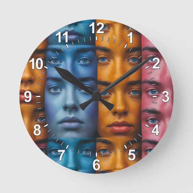 Colourful Faces Pattern Round Clock (Front)