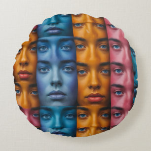 Colourful Faces Pattern Round Cushion