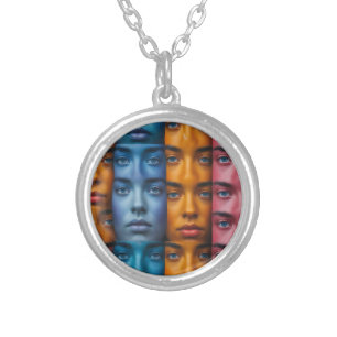 Colourful Faces Pattern Silver Plated Necklace
