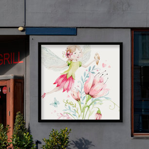 Colourful fairy and flowers illustration poster
