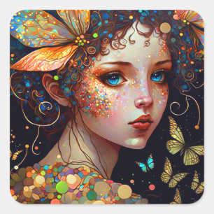 Colourful Fairy Butterflies Fantasy Art Square Sticker