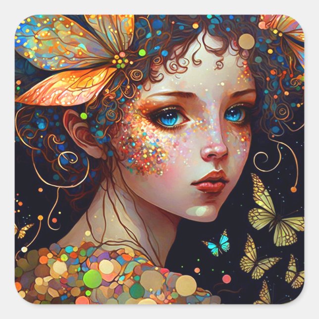 Colourful Fairy Butterflies Fantasy Art Square Sticker (Front)
