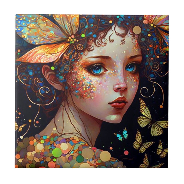 Colourful Fairy Butterflies Fantasy Art Tile (Front)