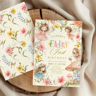 Colourful Fairy First Birthday Enchanted garden Invitation