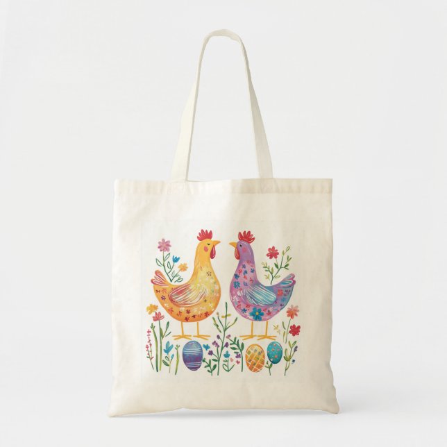Colourful Fairy Tale Chicken & Egg Illustration Tote Bag (Front)