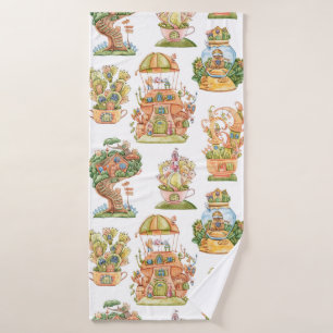 Colourful Fairy Tale Houses Pattern Bath Towel
