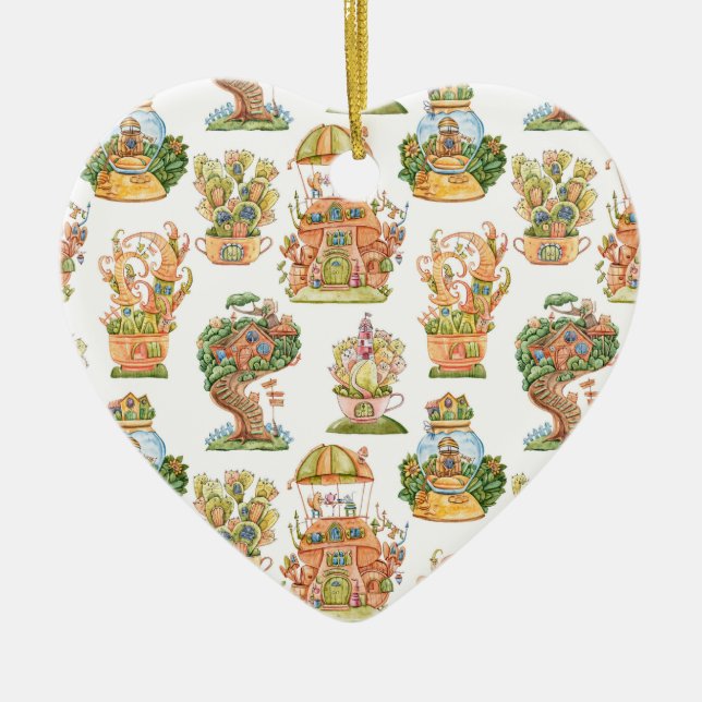Colourful Fairy Tale Houses Pattern Ceramic Tree Decoration (Front)