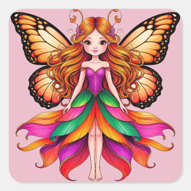 Colourful Fairy With Vibrant Butterfly Wings Square Sticker (Front)