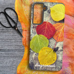 Colourful Fall Aspen Leaves Photo Personalised  Samsung Galaxy Case<br><div class="desc">This design features a photograph of colourful fall Aspen leaves on stone with and template text. Personalise or remove the template text or click customise to select a font style, size and colour you prefer. You can also add this design to other phone case brands or one of the other...</div>