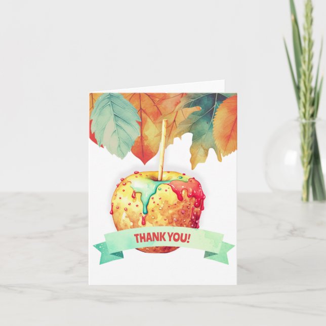 Colourful Fall Autumn Candied Apple Party Thank You Card (Front)