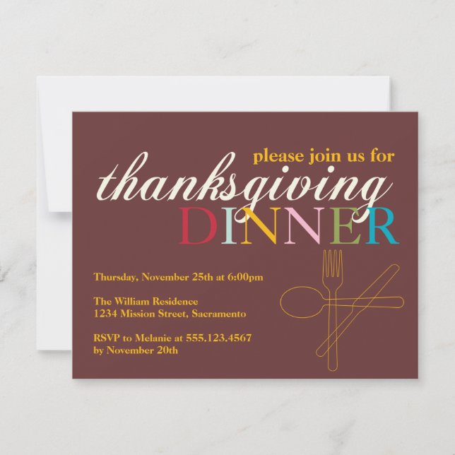 Colourful fall brown Thanksgiving dinner fork knif Invitation (Front)