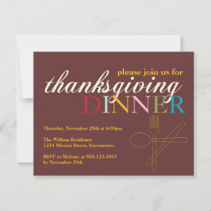 Colourful fall brown Thanksgiving dinner fork knif Invitation