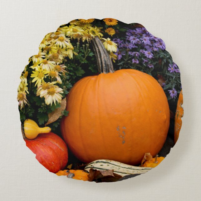 Colourful fall decorative pumpkin display round cushion (Front)