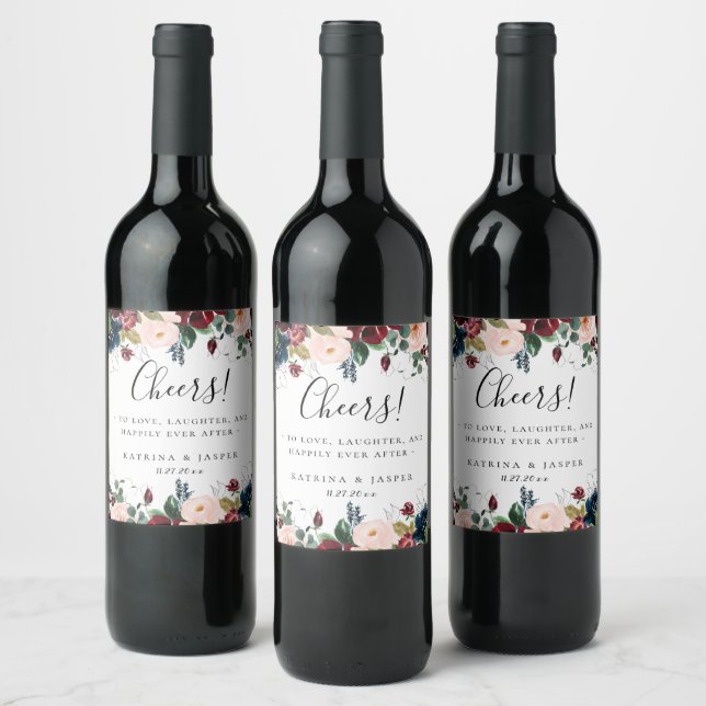 Colourful Fall Floral Frame Wedding Wine Label (Bottles)