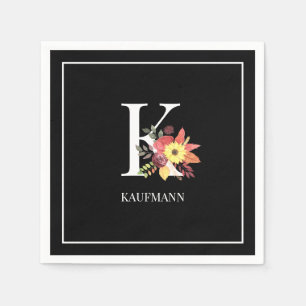 Colourful Fall Floral Monogram Black & White Paper Napkin