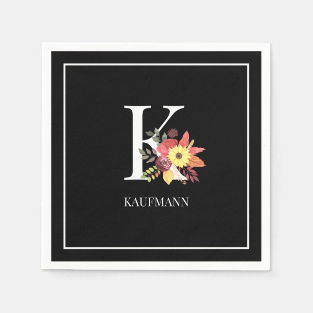 Colourful Fall Floral Monogram Black & White Paper Napkin (Front)