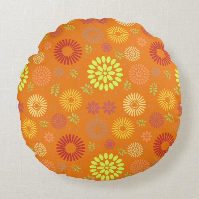 Colourful Fall Flowers in Warm Shades Round Cushion (Front)