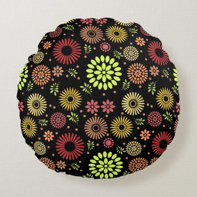 Colourful Fall Flowers in Warm Shades Round Cushion (Front)