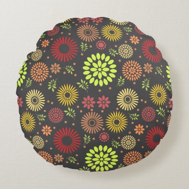 Colourful Fall Flowers in Warm Shades Round Cushion (Front)
