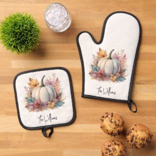 Colourful Fall Foliage and Watercolor Pumpkin Oven Mitt & Pot Holder Set