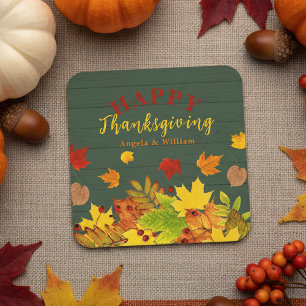 Colourful Fall Foliage Red Berries Thanksgiving Square Paper Coaster