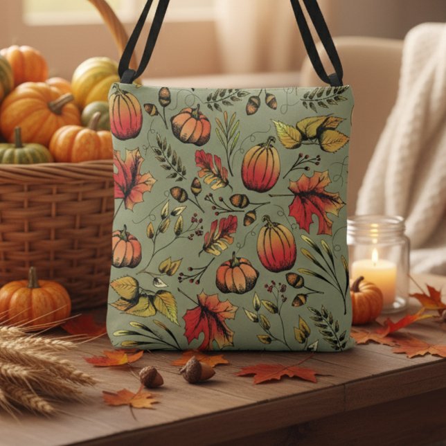 Colourful Fall Harvest Sage Green Hand-Drawn Crossbody Bag (Rustic Fall Harvest Pumpkin, Orange Gourds & Leaves Pattern in Autumn Colors for Fall & Thanksgiving)