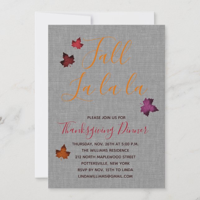 Colourful Fall la la la Thanksgiving Dinner Invitation (Front)