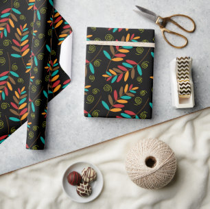 Colourful Fall Leaf Pattern on Black Wrapping Paper