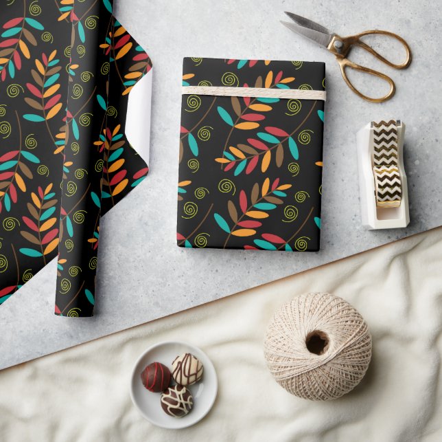 Colourful Fall Leaf Pattern on Black Wrapping Paper (Crafts)