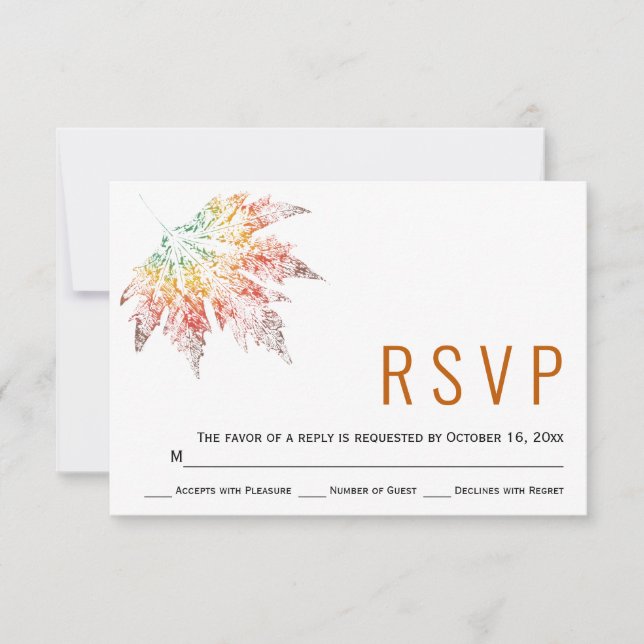 Colourful fall leaf print orange wedding RSVP card (Front)