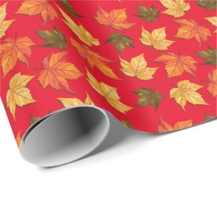 Colourful Fall Leafs On Red Background Wrapping Paper