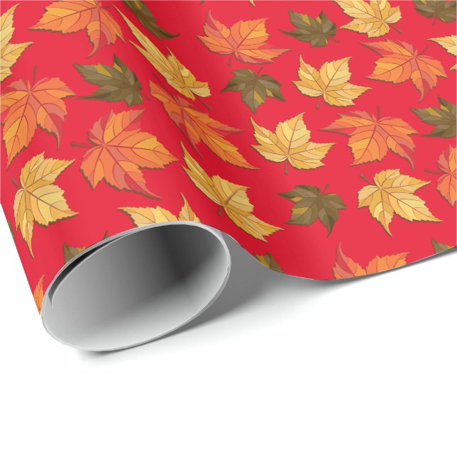 Colourful Fall Leafs On Red Background Wrapping Paper (Roll Corner)
