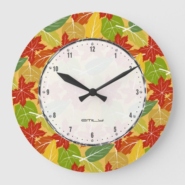Colourful Fall Leafs Pattern Large Clock (Front)