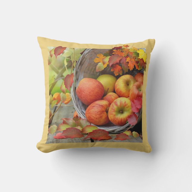 Colourful Fall leaves and Apple Basket Cushion (Front)