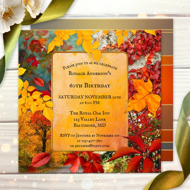 Colourful Fall Leaves Birthday or Retirement Invitation (Artistic boho chic fall birthday party invitation with colorful autumn leaves - or retirement!)
